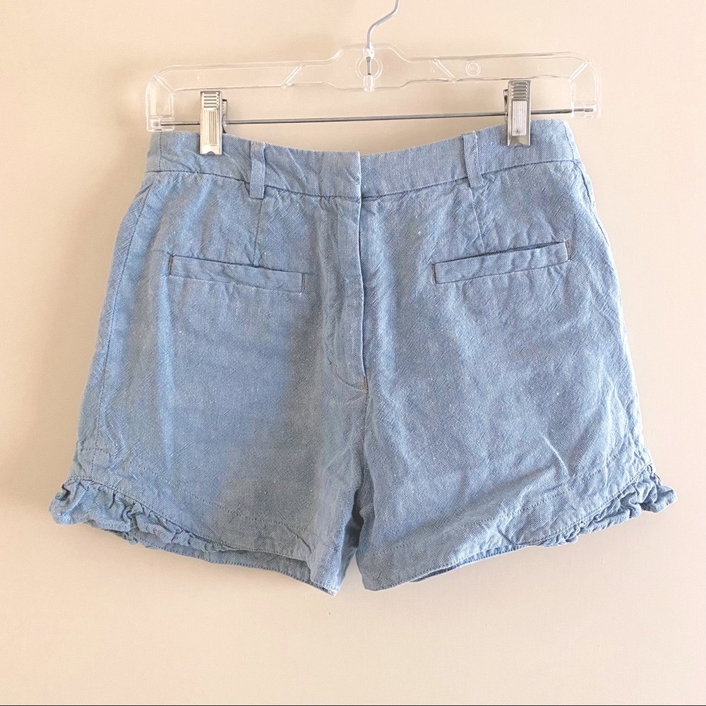 Sandro Blue Chambray High Waist Ruffle Shorts Cotton/Linen Blend